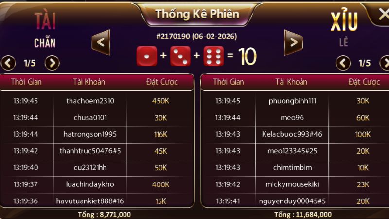 Bảng cầu tài xỉu Sunwin hiển thị chuỗi kết quả nhiều ván liên tiếp